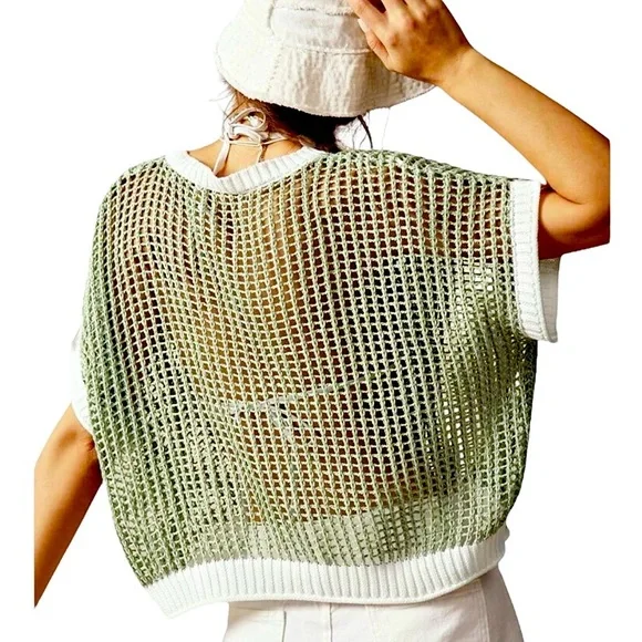 Open Crochet Oversized Peace Sign Shirt Women's Green Knit Top New w/ Tags Sz L - Picture 4 of 16